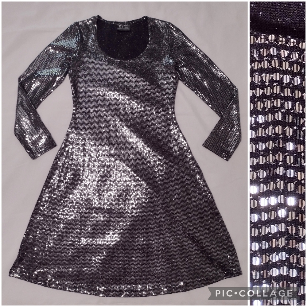 Bernard Tessier Metallic Silver Sequin Long Sleeve A-Line Midi Party Dress